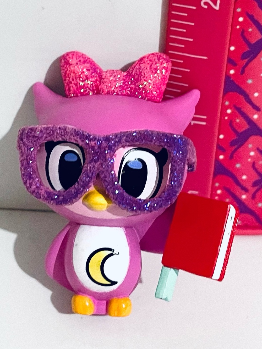 Pink Glitter Owl Toy Figurine with Purple Glasses